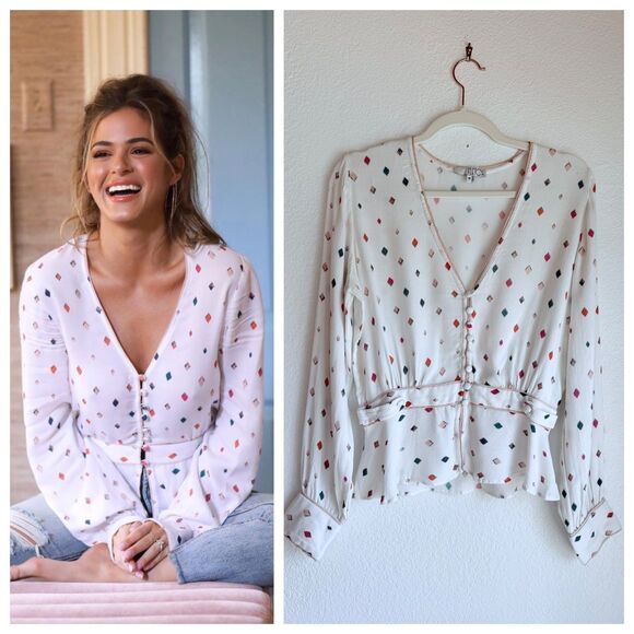 FLETCH by Jojo Fletcher Long Sleeve V-Neck Diamond Gemma Printed Blouse in Multi - Picture 1 of 15